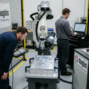 Custom robotic automation cell in manufacturing facility