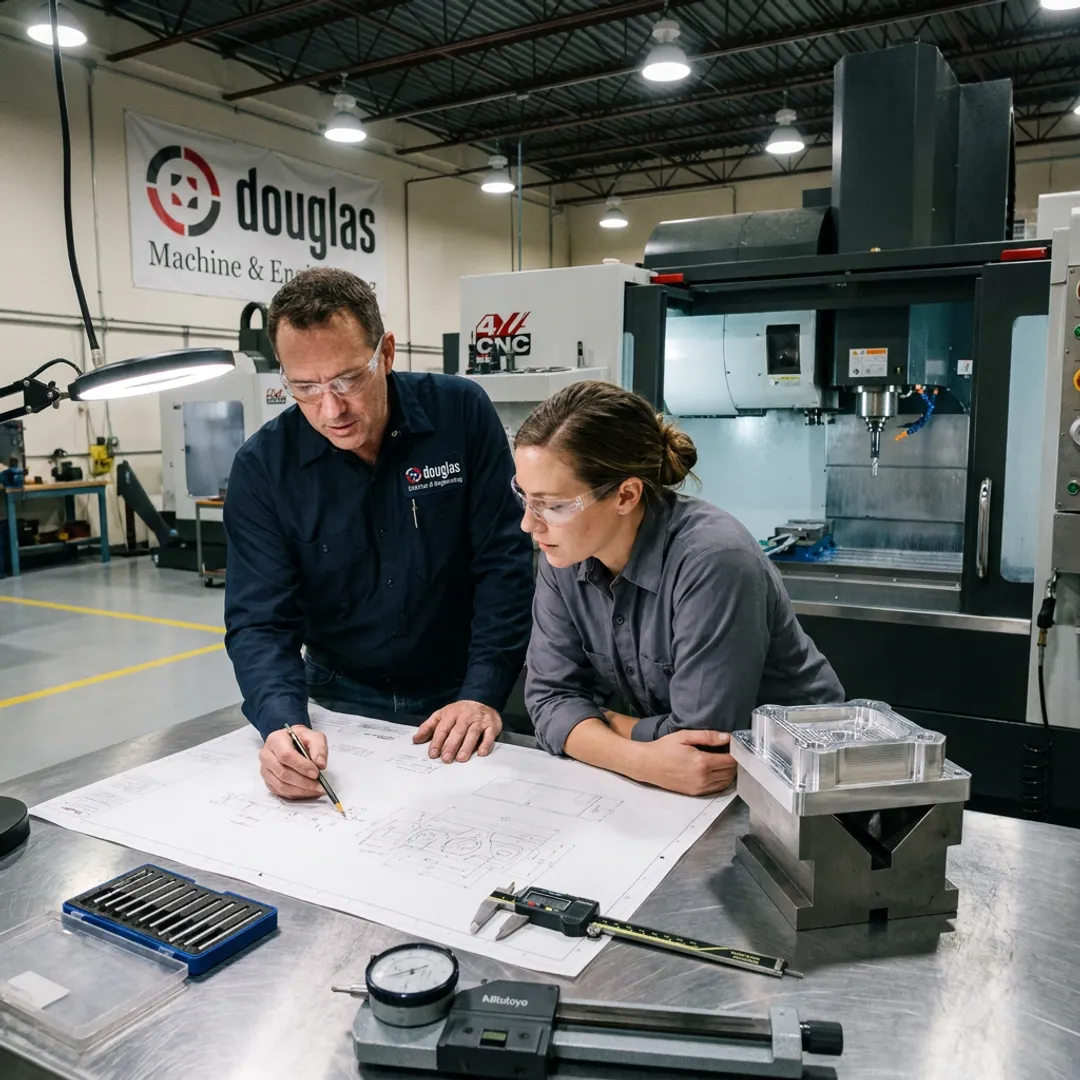 Manufacturing team reviewing CNC production plans