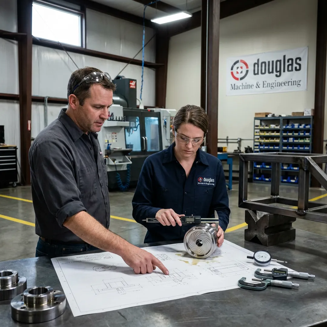 Fabrication team reviewing CNC machined steel components