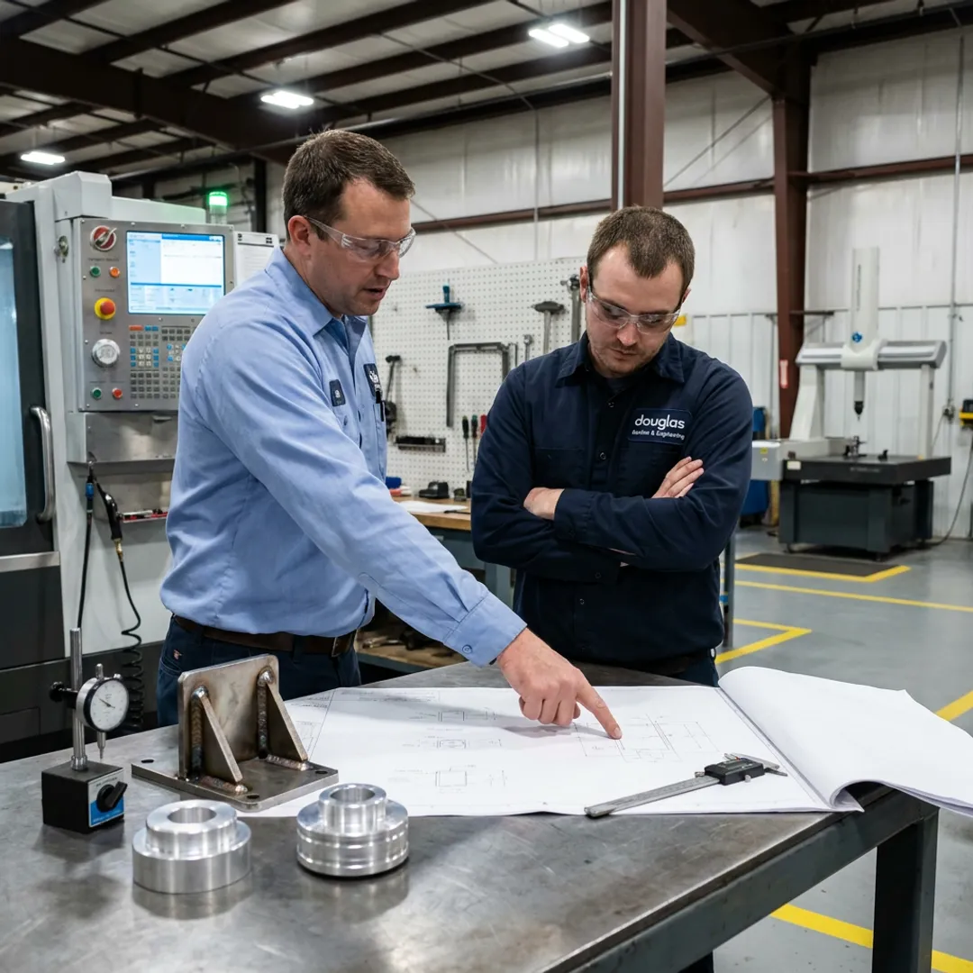 Engineer and machinist reviewing precision part drawings