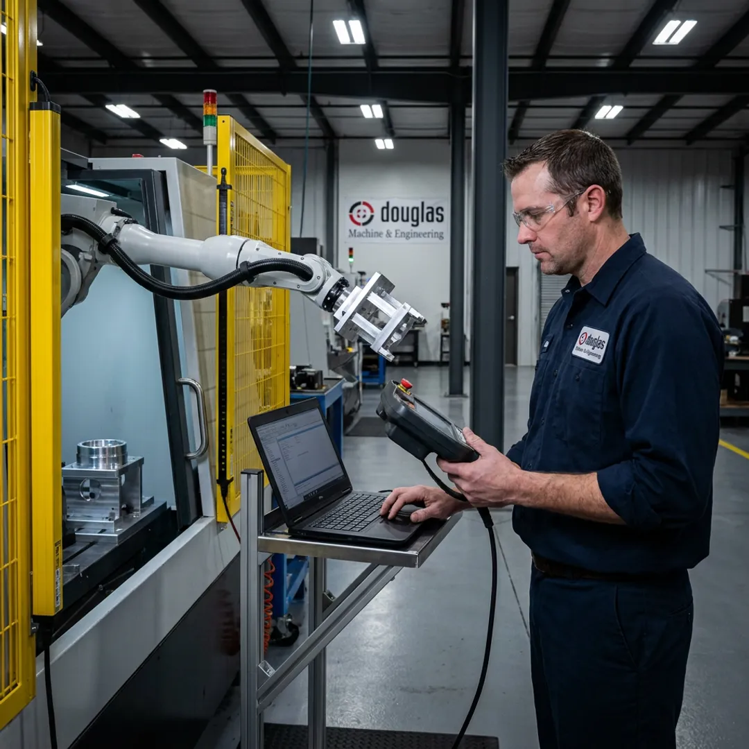 Technician testing an industrial robot workcell