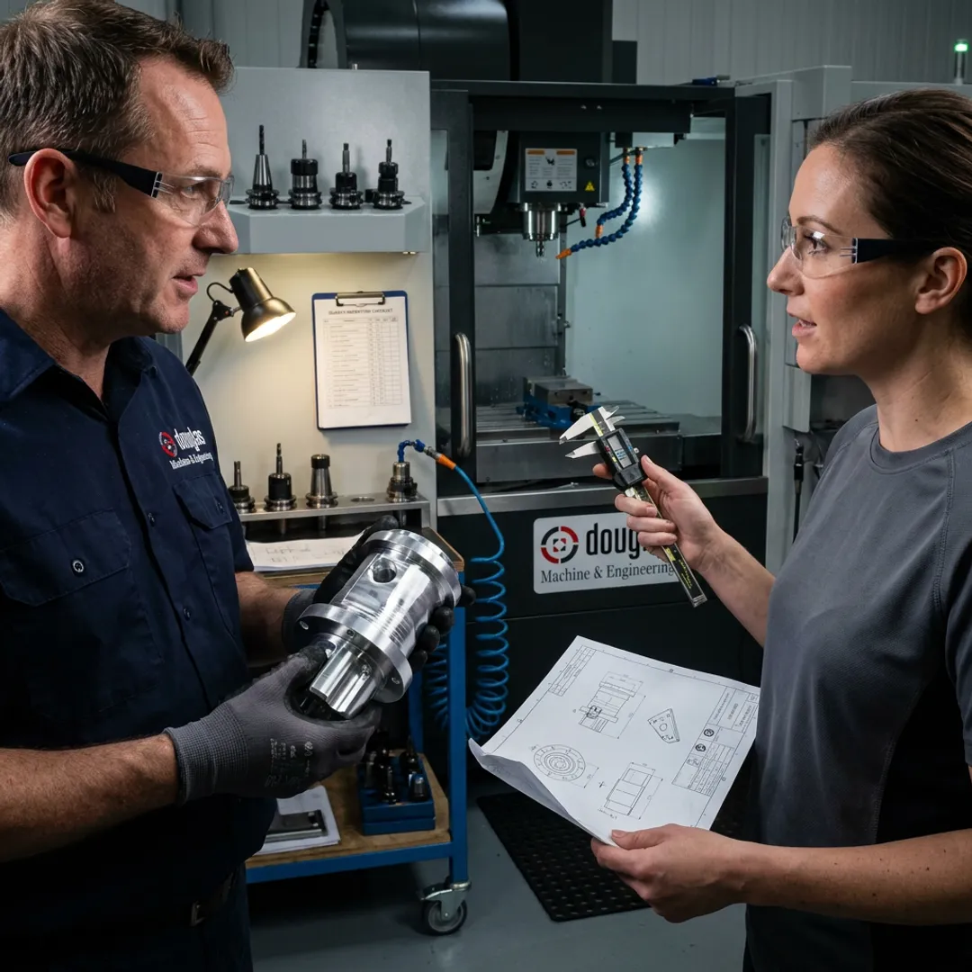 CNC machining team reviewing a precision part
