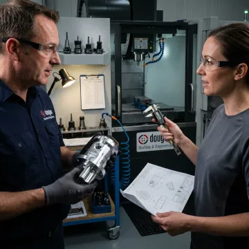 CNC machining team reviewing a precision part