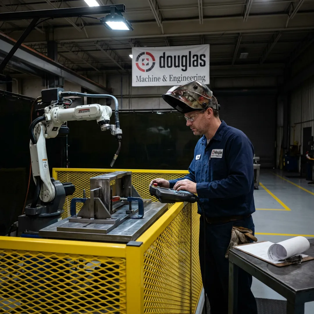 Engineer reviewing robotic welding cell controls