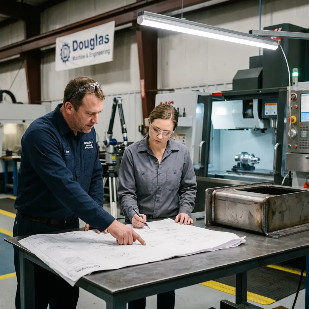 Fabrication team reviewing a metal assembly process