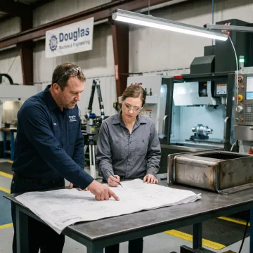 Fabrication team reviewing a metal assembly process