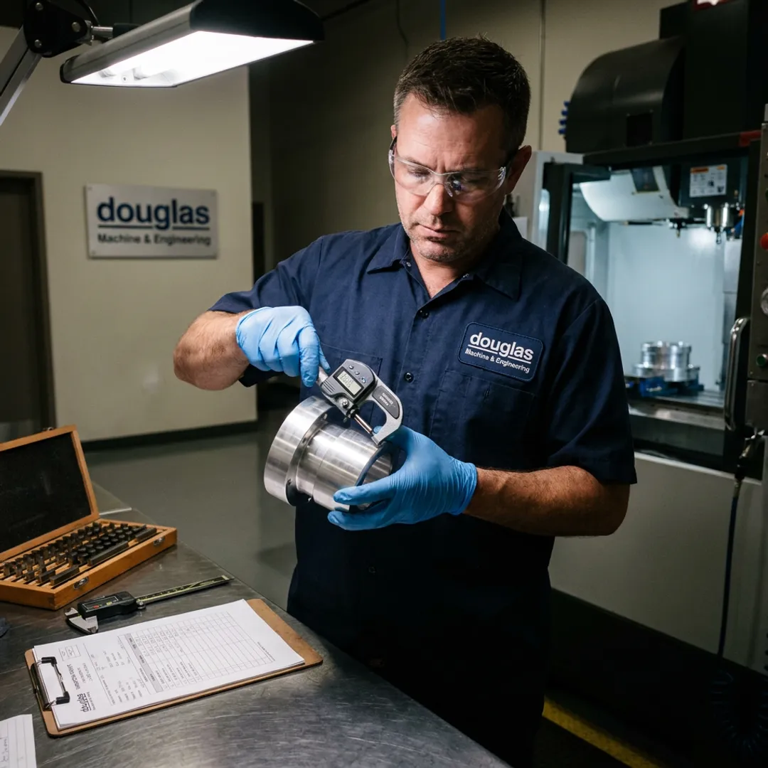 Machinist inspecting a finished metal component