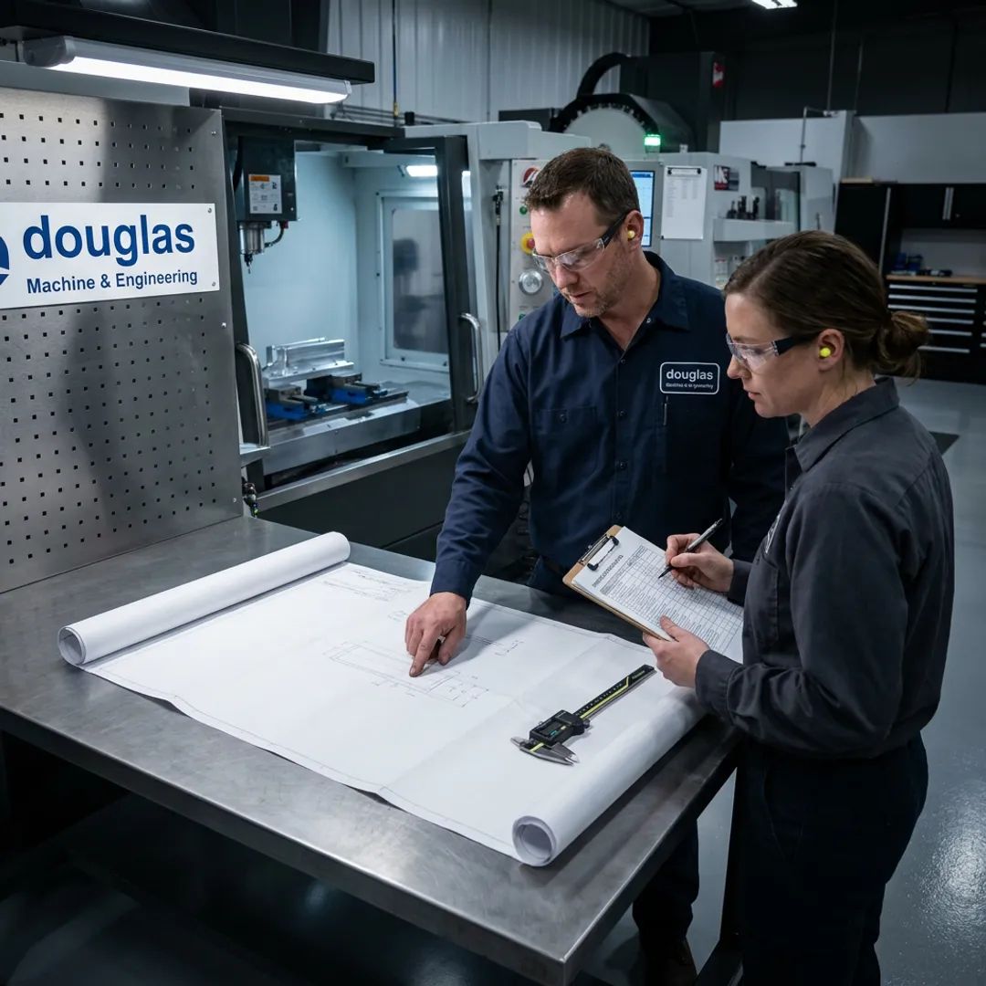 CNC machining team reviewing a production plan