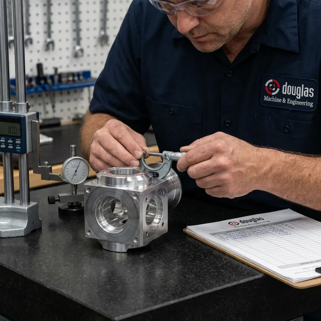 Technician inspecting CNC machined aerospace part