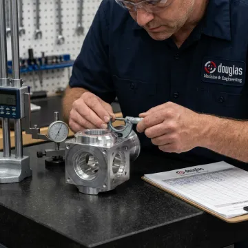 Technician inspecting CNC machined aerospace part