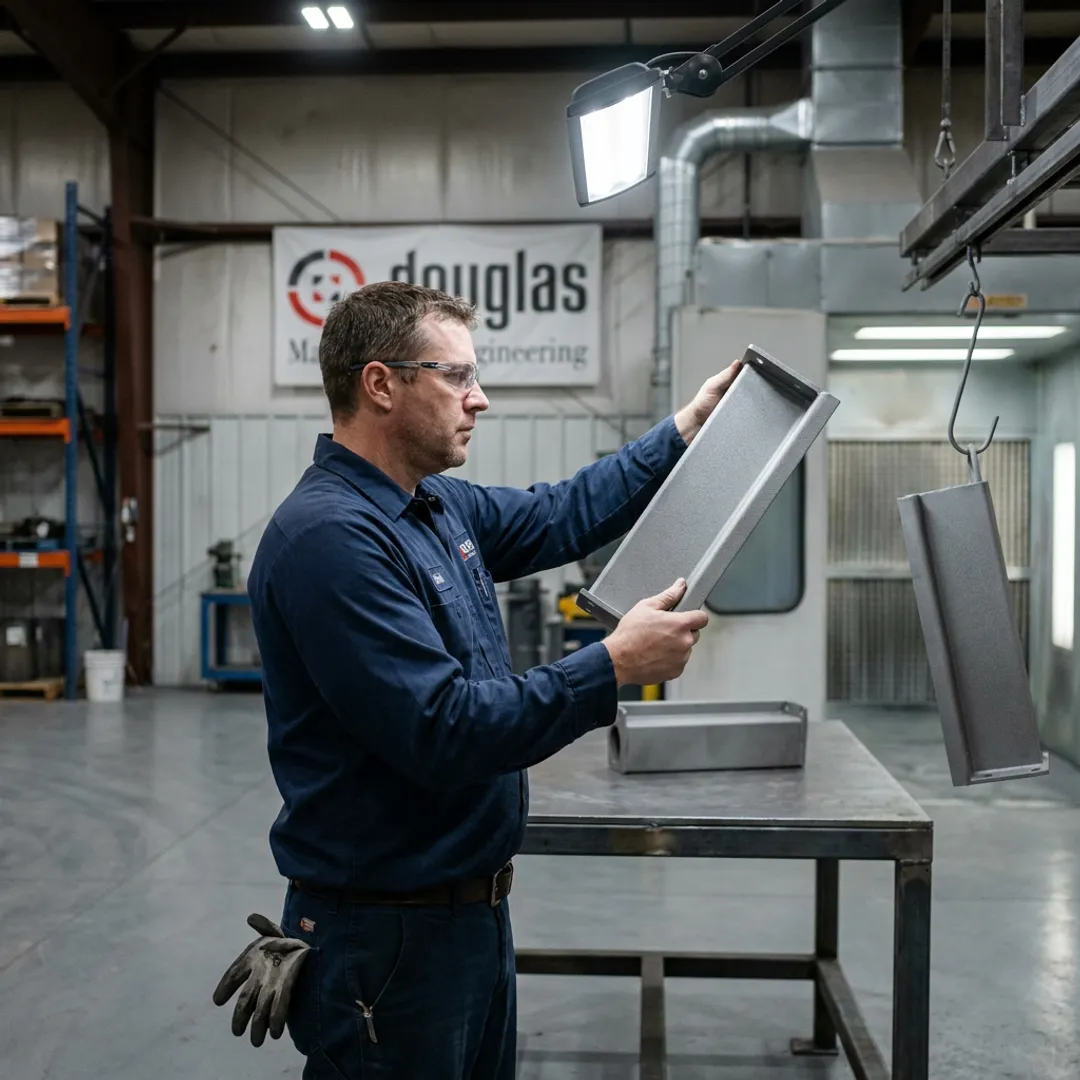 Technician inspecting blasted metal parts