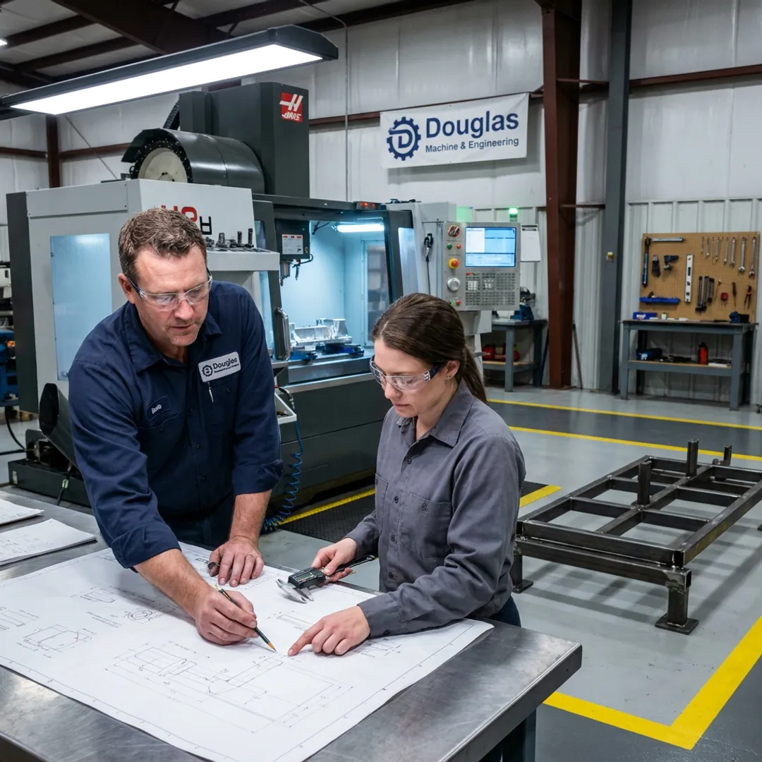 Manufacturing team reviewing fabrication blueprints