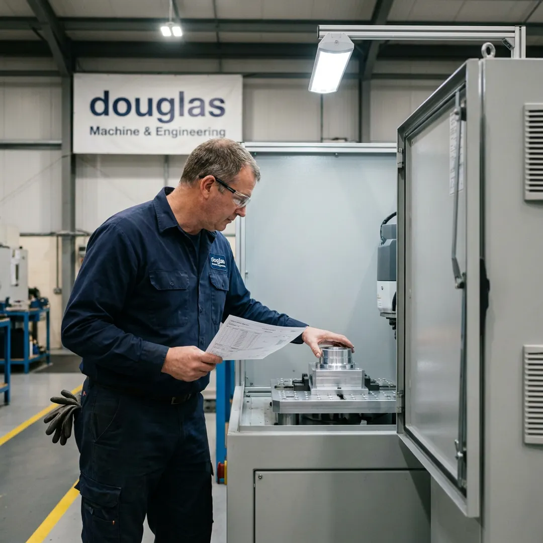 Engineer testing robotic automation system controls