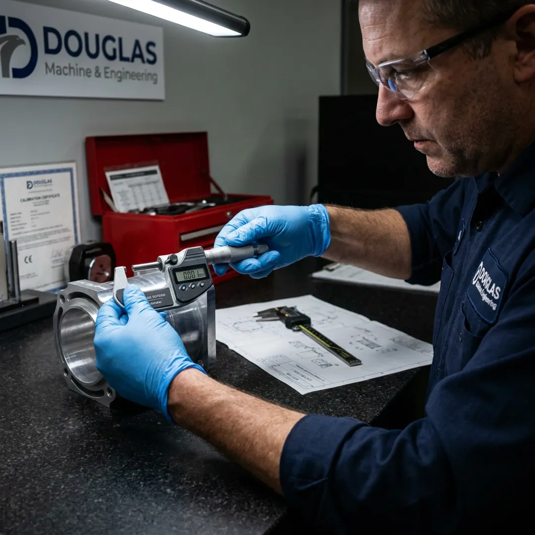 Engineered metal parts being measured during precision manufacturing