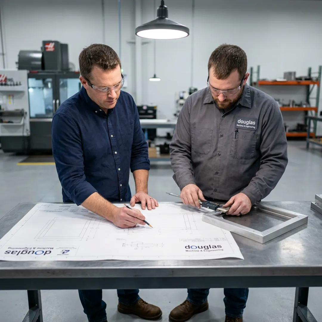 Fabrication team reviewing bead blasting equipment components