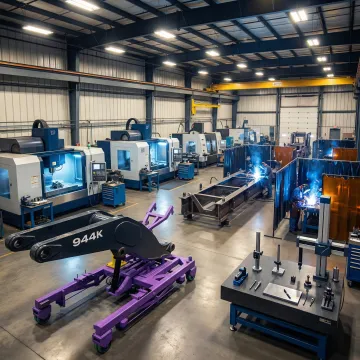 Industrial metal fabrication shop with CNC machines, welding stations, and fabricated steel assemblies