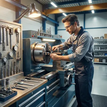 Technician performing professional lathe machine service and repair in an industrial machine shop.