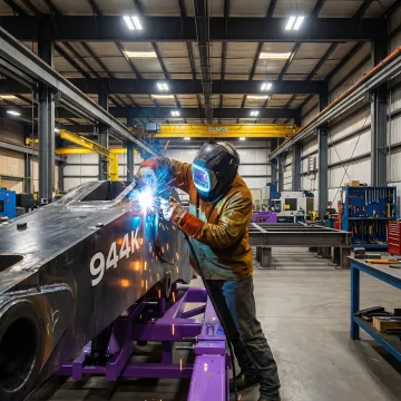 AWS certified welder performing structural fabrication in an industrial shop in Austin, TX