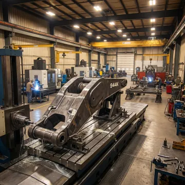 Precision CNC welding setup with a large fabricated steel assembly on a shop floor