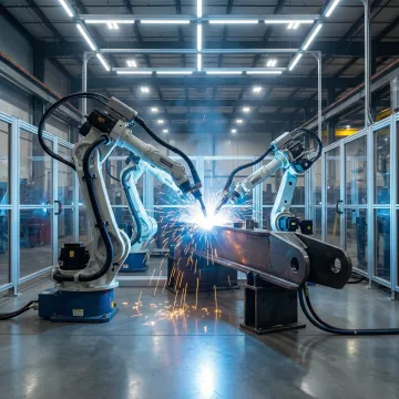 Custom robotic welding cell in an industrial manufacturing facility