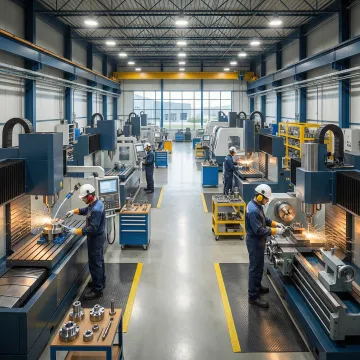 DM&E machine shop floor showing CNC machining equipment and fabrication work in progress