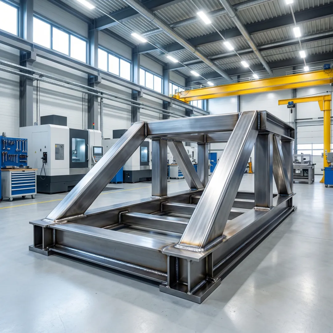 Fabricated steel assembly with precision welds inside a professional manufacturing facility