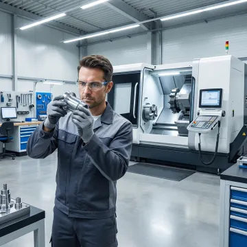 Skilled machinist operating a CNC lathe to produce precision aerospace defense parts