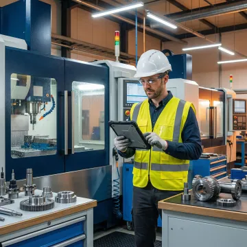 Engineer reviewing CNC machining process steps on a manufacturing shop floor