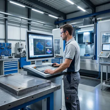 CNC machinist reviewing thick steel plate cutting program on a shop floor monitor