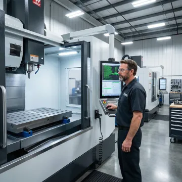 Machinist reviewing CNC program on a computer next to a steel plate being milled