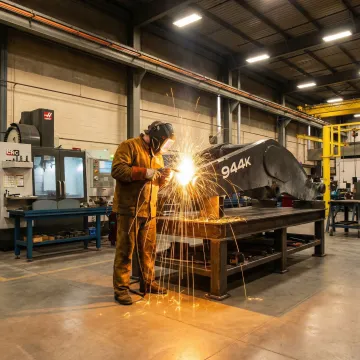 Custom welding fabricator working on heavy metal structure in an industrial workshop
