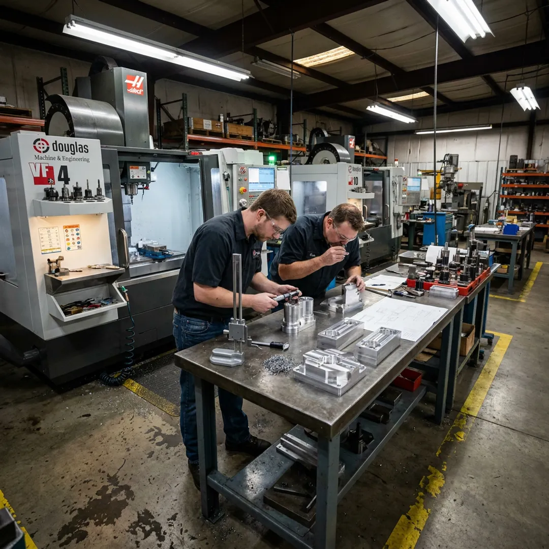 Manufacturing team reviewing machined parts