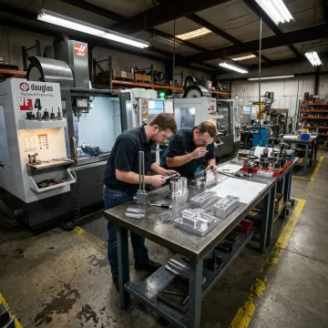 Manufacturing team reviewing machined parts