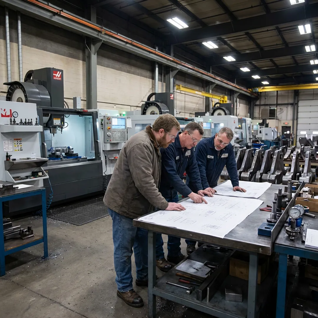 Fabrication team reviewing metal part drawings