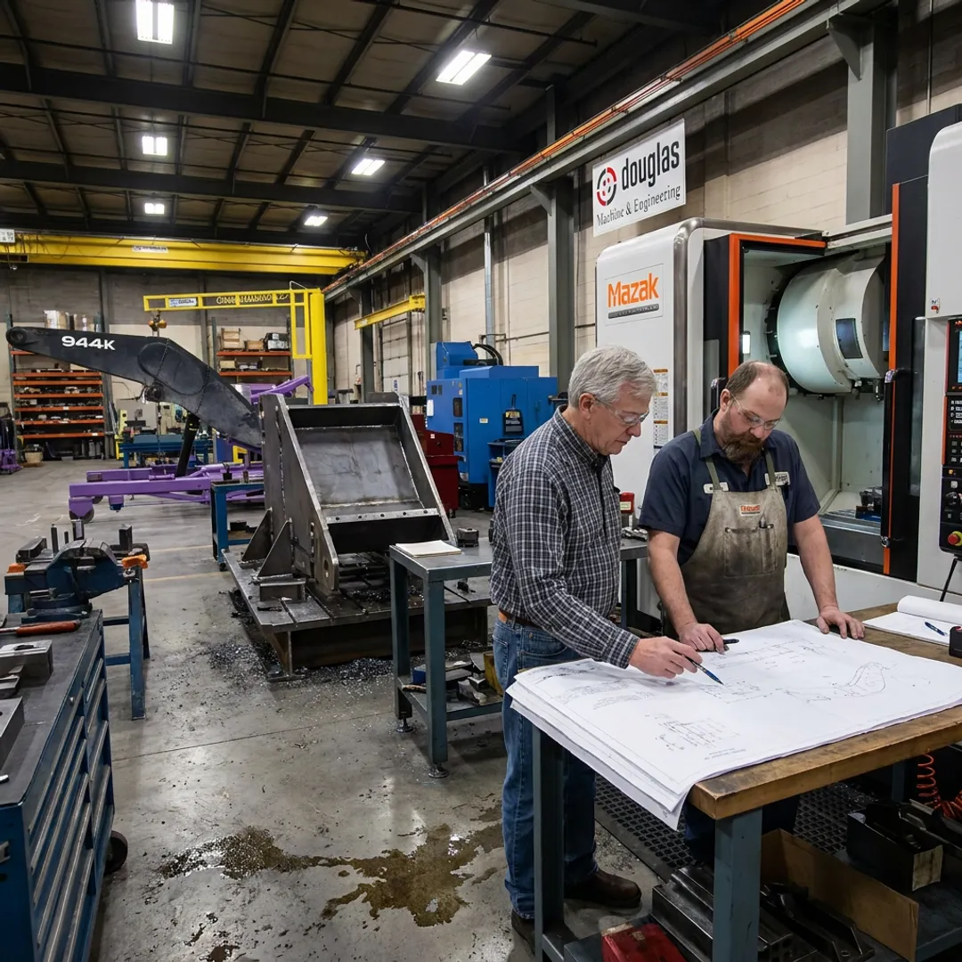 Engineer and machinist reviewing custom fabrication plans