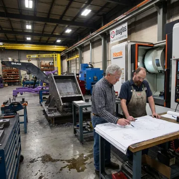 Engineer and machinist reviewing custom fabrication plans