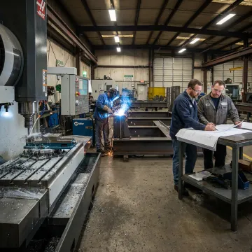 Industrial fabrication shop with CNC machining and welding equipment