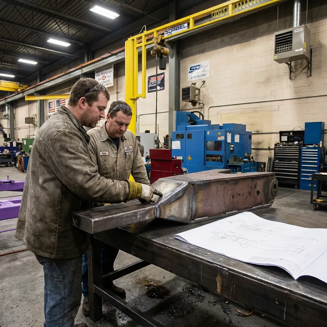 Fabrication team reviewing metal assembly during production