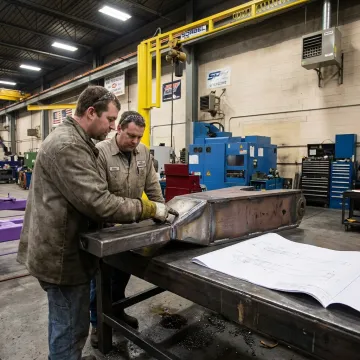 Fabrication team reviewing metal assembly during production
