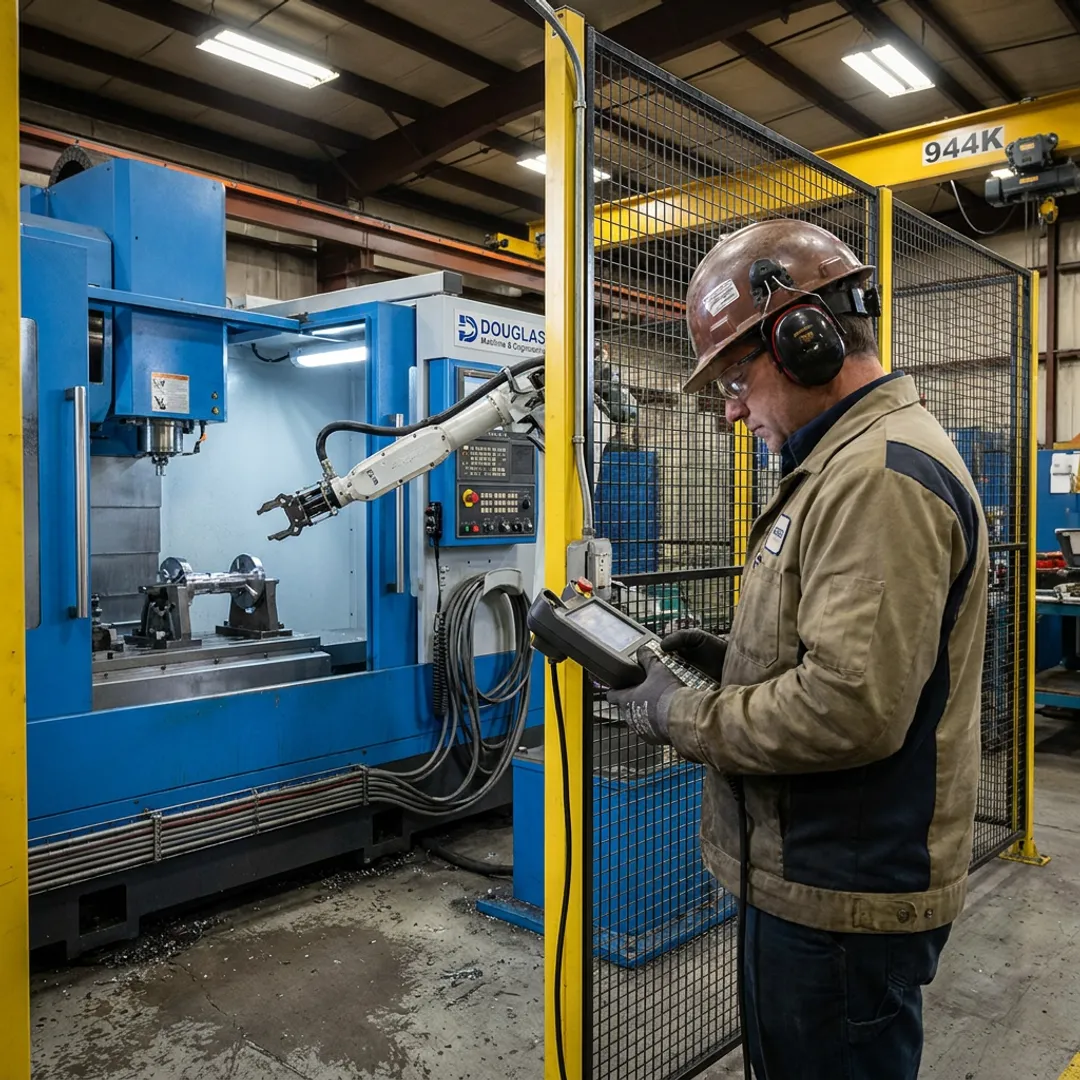 Engineer validating a robotic machine tending cell