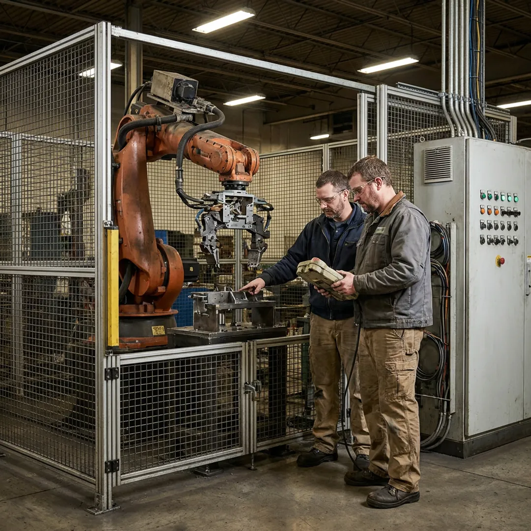 Automation engineers testing an industrial robotic system