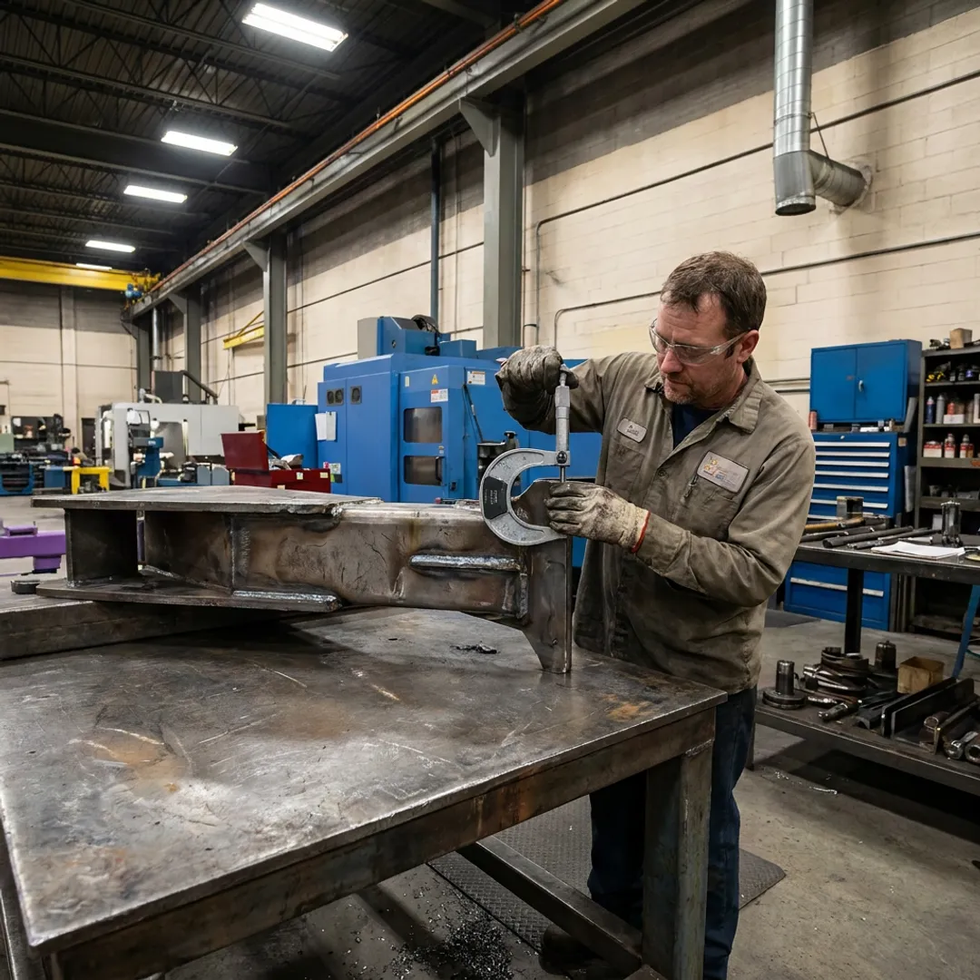 Technician inspecting a fabricated metal assembly