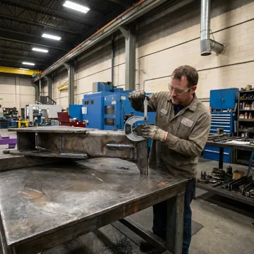 Technician inspecting a fabricated metal assembly