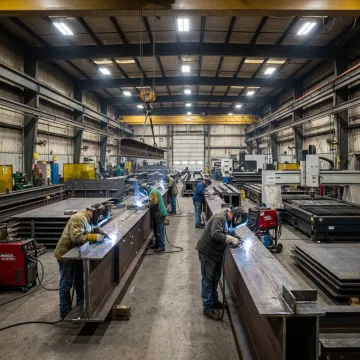 Structural steel fabrication shop with welders and CNC equipment