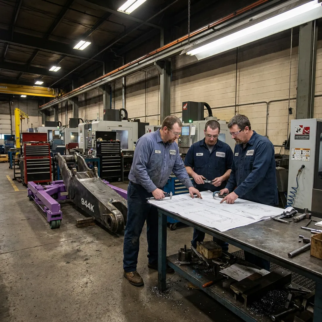 Fabrication team reviewing metal assembly drawings