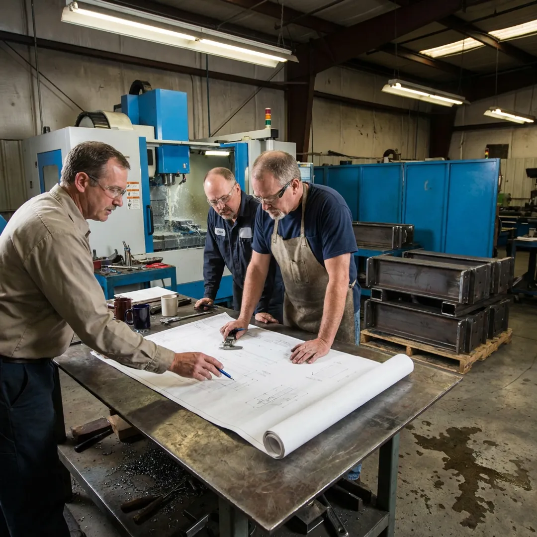Engineering team reviewing fabrication drawings