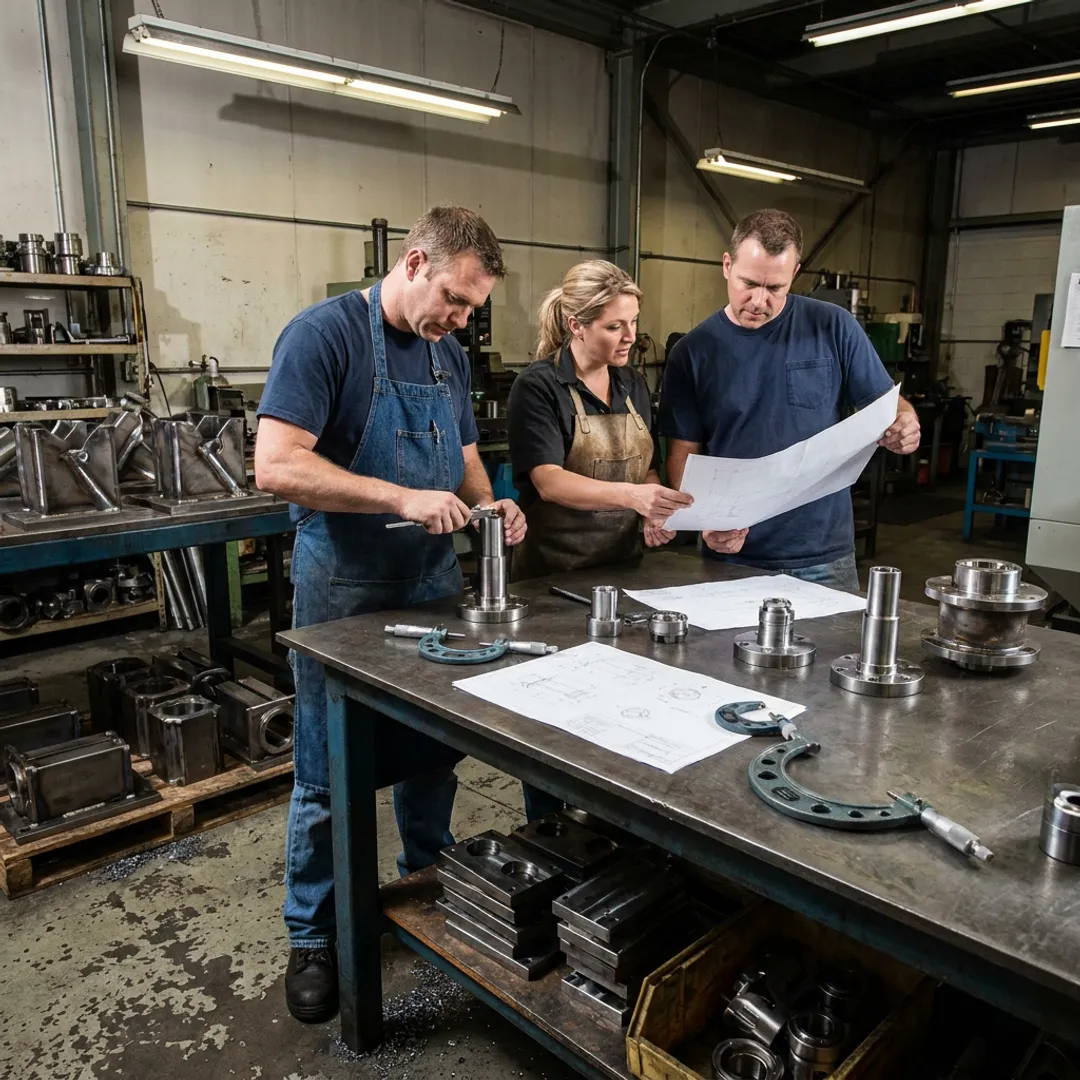 Machining team inspecting fabricated metal parts