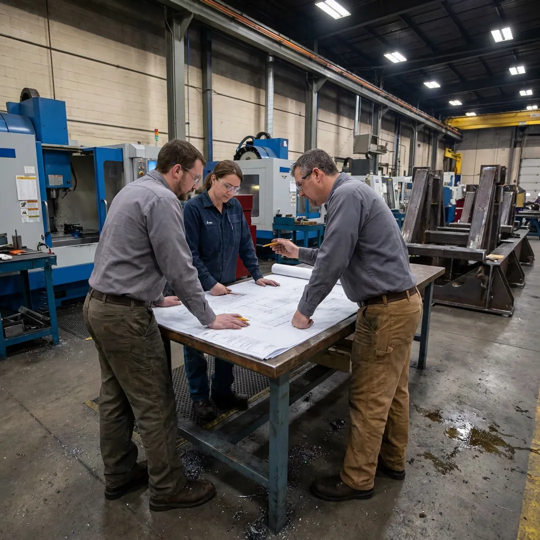 Fabrication team reviewing equipment drawings