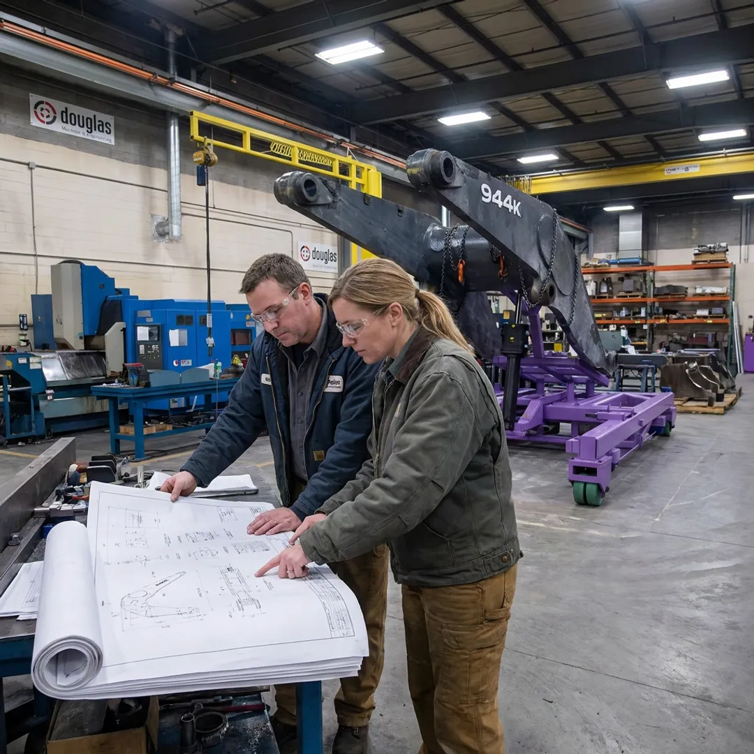 Fabrication team reviewing drawings beside CNC equipment