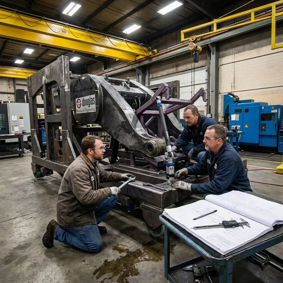 Engineers assembling custom automated production equipment